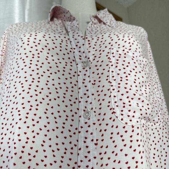 Heart print Button Collared Shirt Women's Size XL White Red Long Sleeve - Picture 6 of 14